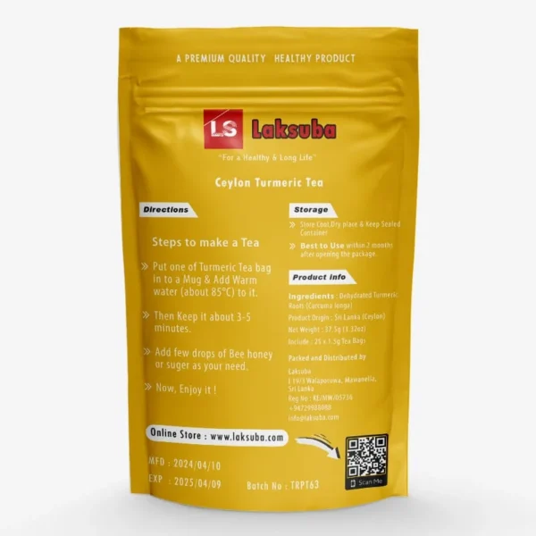 This photo showcases the back side instructions of our Turmeric Tea product. Turmeric, scientifically known as Curcuma Longa, is the main ingredient in this delightful tea. Our Turmeric Tea is crafted with care to bring you the numerous health benefits associated with turmeric.