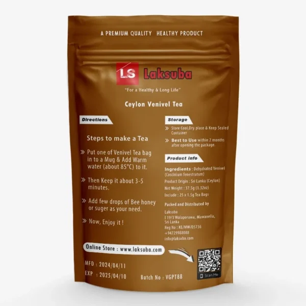 This is the back side of the Venivel Tea product, which contains important instructions and details about the tea. Venivel, also known by its scientific name Coscinium Fenestratum, is a herbal plant commonly found in Sri Lanka and other parts of Southeast Asia. It has been used for centuries in traditional medicine for its various health benefits.