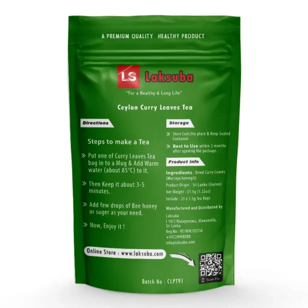 This photo shows the back side of the packaging for our Curry Leaves Tea product. The packaging contains important instructions and details about the tea.