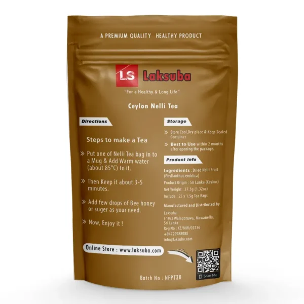 This photo showcases the back side instruction of our Ceylon Nelli Tea product. The image details the packaging and information related to our Nelli Tea, which is made using the fruits of the Phyllanthus emblica plant.