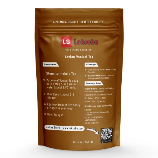 Venivel Tea Product Back Side Instruction This is the back side of the Venivel Tea product, which contains important instructions and details about the tea. Venivel, also known by its scientific name Coscinium Fenestratum, is a herbal plant commonly found in Sri Lanka and other parts of Southeast Asia. It has been used for centuries in traditional medicine for its various health benefits.