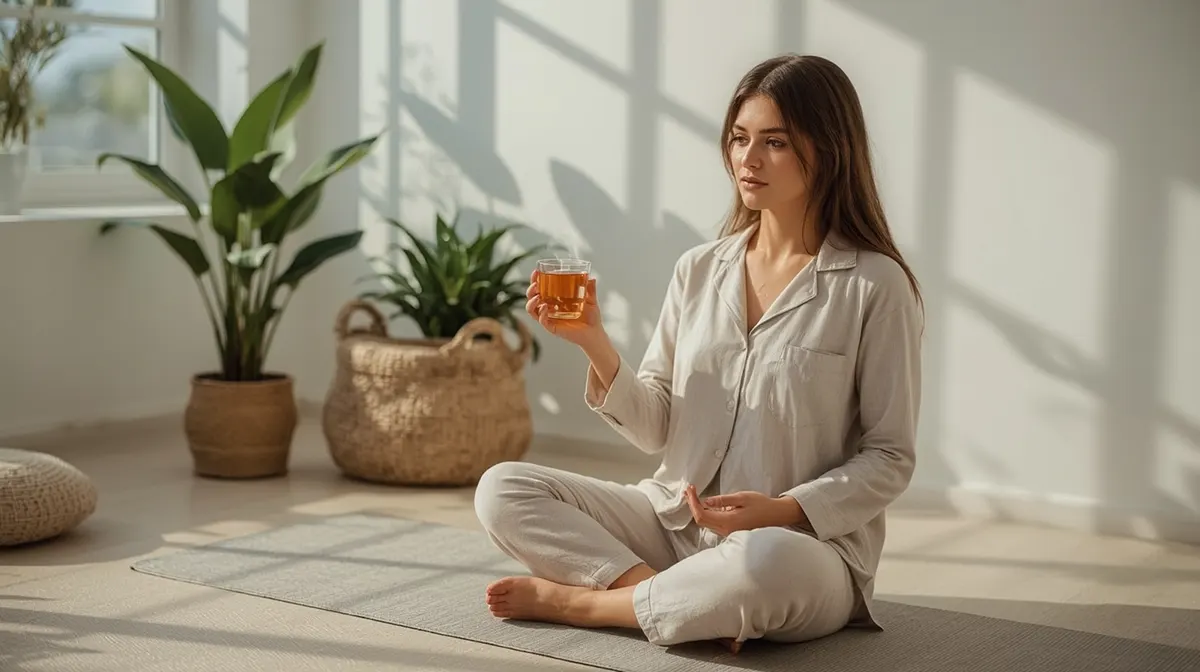 Woman enjoying caffeine-free Heen Bovitiya herbal tea during morning wellness routine on yoga mat
