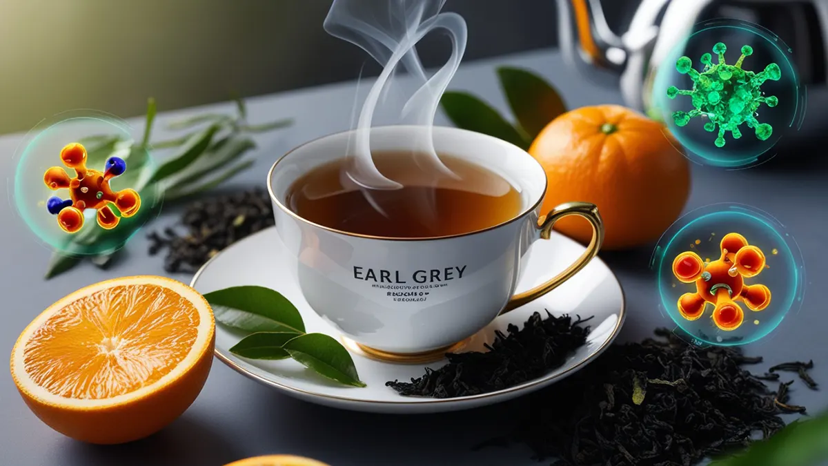 Steaming cup of Earl Grey tea surrounded by fresh bergamot oranges, black tea leaves, and vibrant antioxidants. The image conveys the health benefits of Earl Grey tea, highlighting its rich antioxidant content, which helps protect against free radicals and supports overall wellness. The calming green and blue tones emphasize the tea's role in promoting heart health, reducing oxidative stress, and enhancing skin vitality. The antioxidants, represented by glowing molecules, showcase the tea's ability to combat cellular damage and improve immune function.