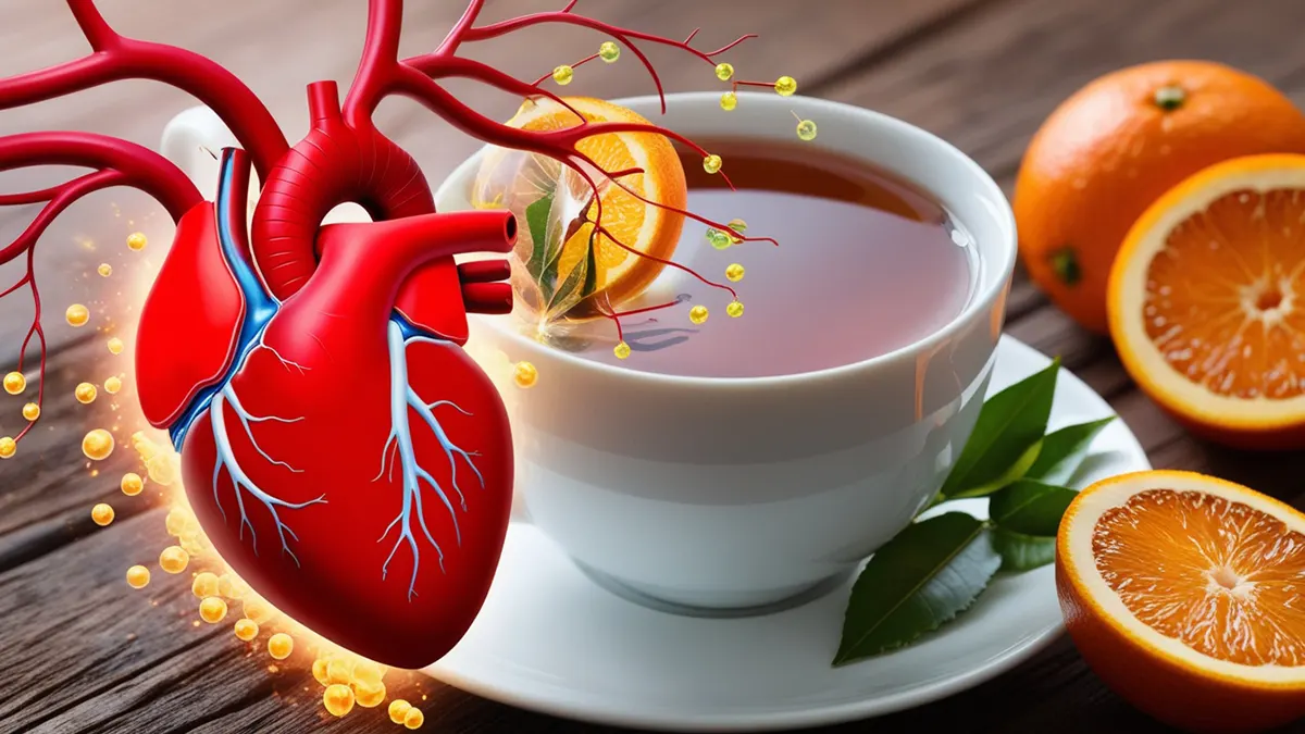 Heart symbol integrated with a cup of Earl Grey tea, surrounded by flowing blood vessels, fresh bergamot oranges, and glowing antioxidant particles. The vibrant heart represents improved circulation and reduced plaque, highlighting the cardiovascular health benefits of Earl Grey tea. The warm colors of red and orange signify vitality and the tea's positive effects on heart function.