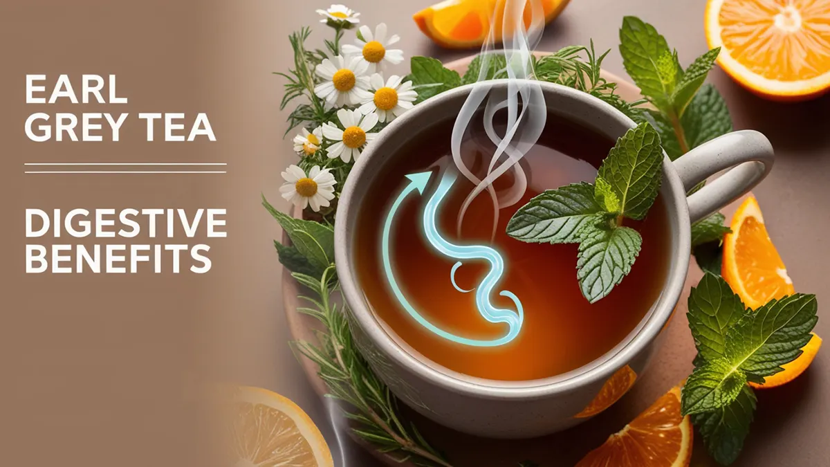 Calming image of a steaming cup of Earl Grey tea surrounded by herbal elements like chamomile flowers, mint leaves, and orange peels, symbolizing the digestive benefits of the tea. The image features gentle visual cues of digestion, including a flowing digestive tract graphic and a soothing glow in the stomach area, representing smooth digestion. Warm, earthy tones and soft lighting evoke comfort and wellness, highlighting the tea's effectiveness in supporting digestive health and relieving discomfort.