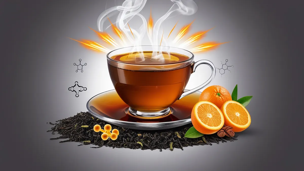 Steaming cup of Earl Grey tea radiating a vibrant aura to symbolize energy and vitality, surrounded by caffeine-related visuals and bergamot oranges. The image captures the energizing benefits of Earl Grey tea, showcasing its moderate caffeine content for alertness without jitters, with a backdrop suggesting morning refreshment and mental clarity.