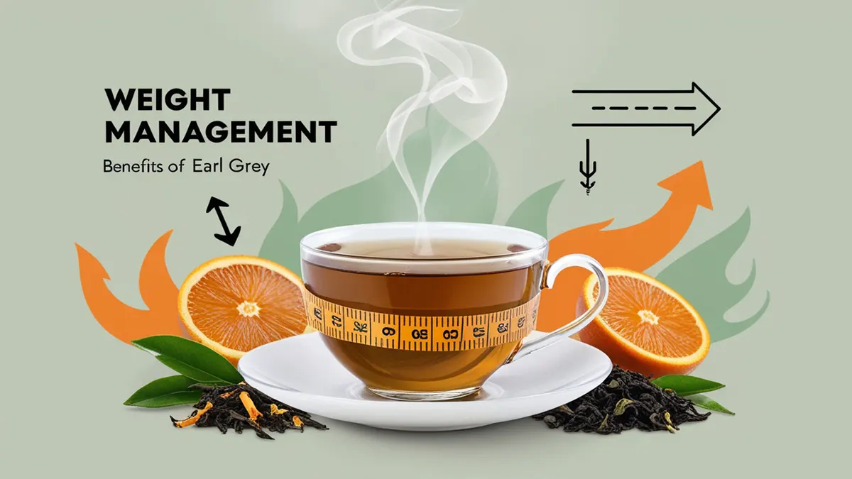 An image illustrating the weight management benefits of Earl Grey tea, featuring a steaming cup of tea at the center, surrounded by visual symbols of weight loss such as a measuring tape and abstract arrows indicating boosted metabolism. Ingredients like bergamot oranges and black tea leaves are included in the background, all presented in soft green and orange tones to evoke health and vitality. This visual representation highlights how Earl Grey tea can support weight management and a healthy lifestyle.