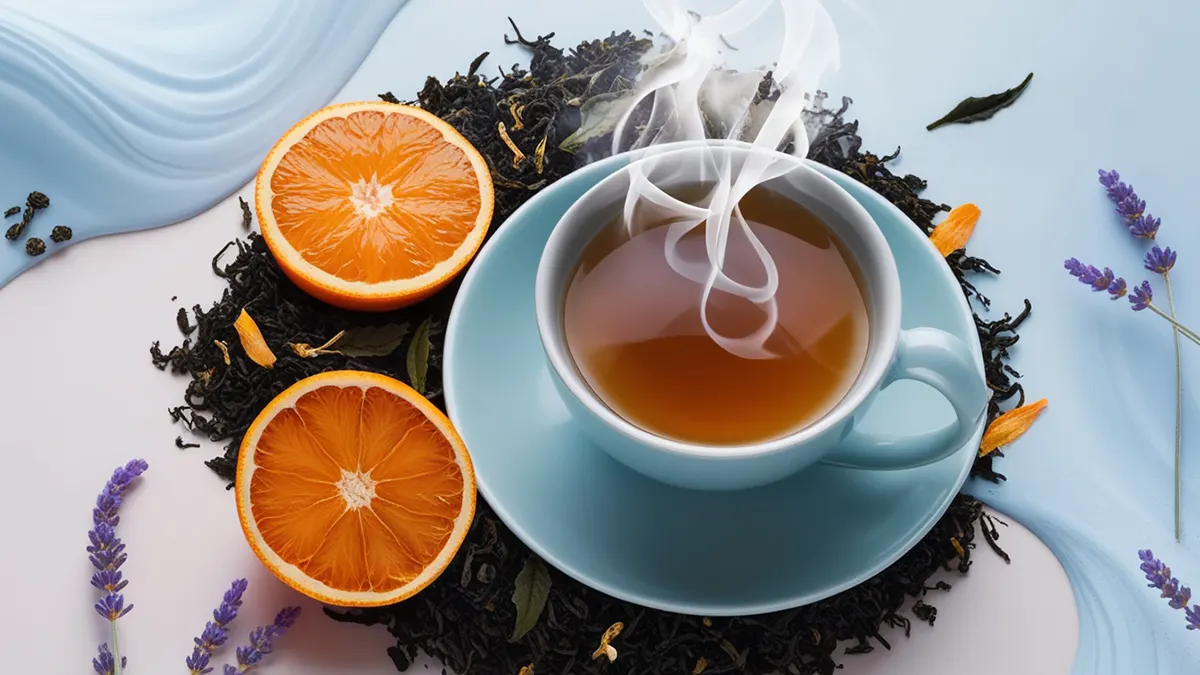 A serene image depicting a steaming cup of Earl Grey tea at the center, radiating soft, soothing light to symbolize warmth and comfort. Surrounding the cup are bergamot oranges and delicate tea leaves, emphasizing the tea's key ingredients. Calming elements like gentle waves and floating lavender evoke relaxation and emotional well-being, complemented by uplifting colors of light blues, soft oranges, and warm yellows, creating a peaceful and inviting atmosphere that represents the mood-enhancing benefits of Earl Grey tea.