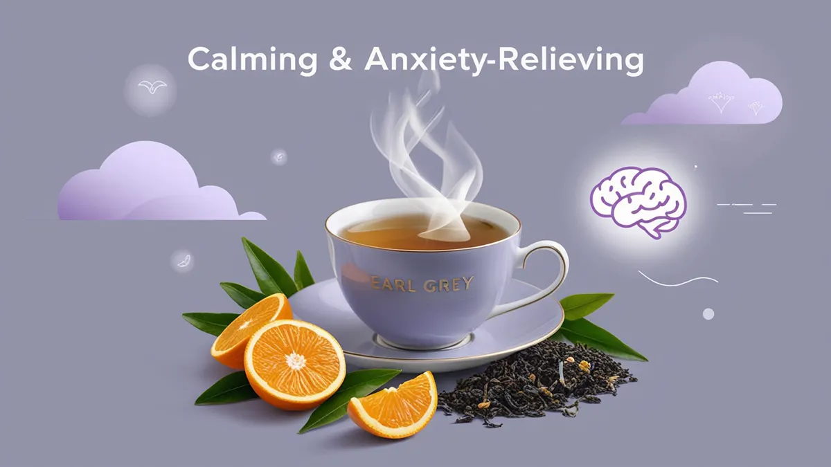 Steaming cup of Earl Grey tea surrounded by bergamot oranges and tea leaves, with soothing light creating a tranquil atmosphere. Gentle floating elements like lavender and soft clouds represent relaxation, while subtle brain icons symbolize neuroprotective benefits. The serene color palette of muted blues, purples, and soft greens evokes calm and emotional balance, highlighting the anxiety-relieving properties of Earl Grey tea.