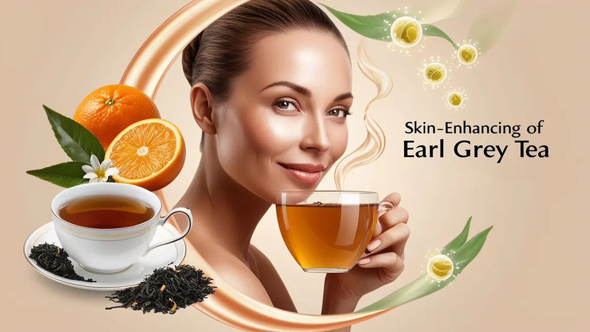 Radiant woman with glowing skin sipping Earl Grey tea, surrounded by bergamot oranges and tea leaves. Glowing orbs represent antioxidants fighting free radicals, against a soft warm color palette of gold, soft orange, and light green, symbolizing skin health and rejuvenation.