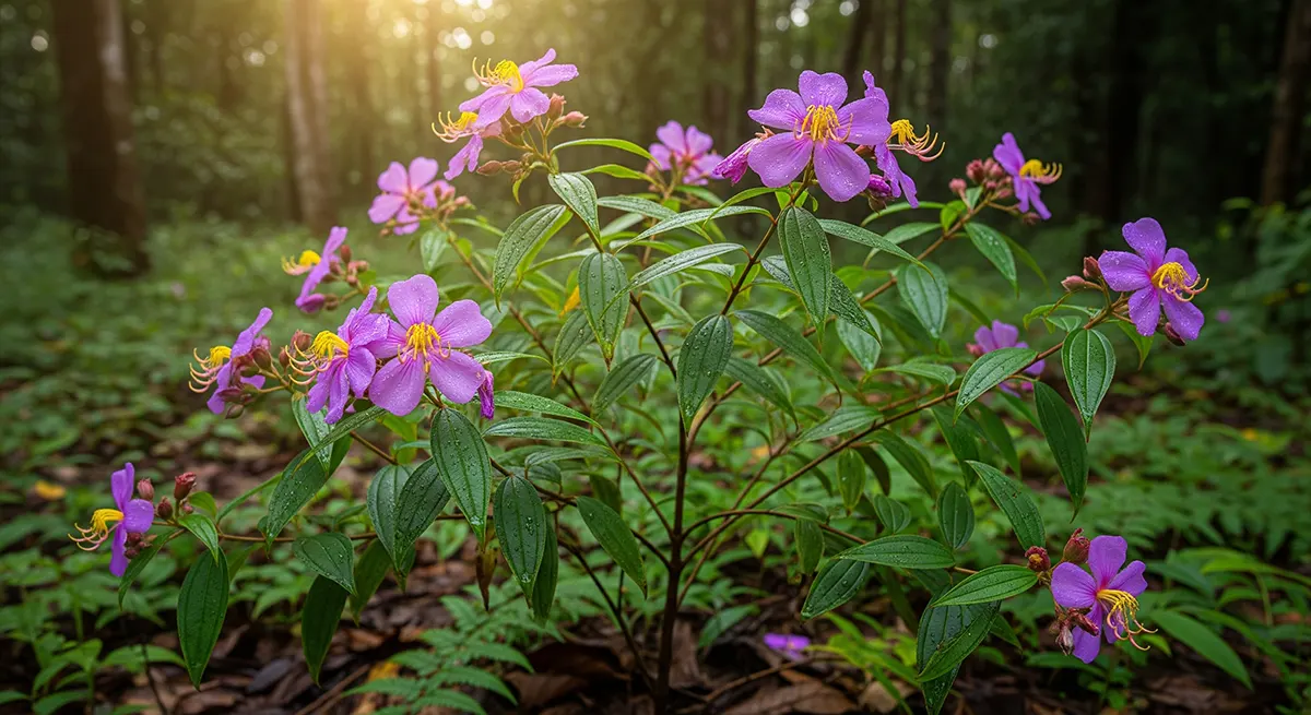 Heen Bovitiya (Osbeckia octandra) medicinal plant with purple-pink flowers and yellow stamens growing in Sri Lankan rainforest - endemic healing herb for liver health