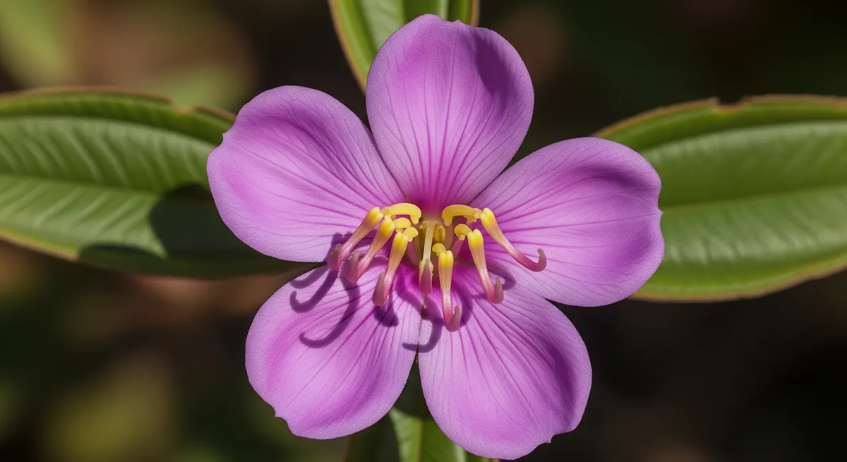 Heen Bovitiya (Osbeckia octandra) purple-pink medicinal flowers with 5 rounded petals and golden-yellow stamens - Sri Lankan endemic healing plant used for liver health and diabetes treatment