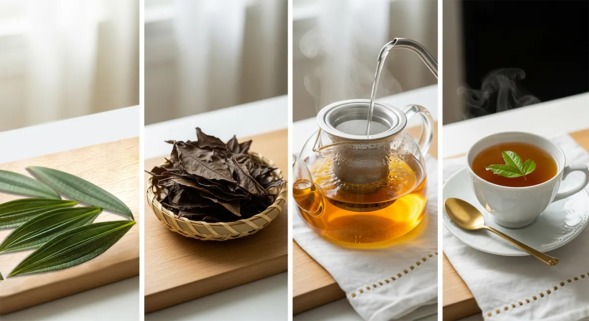 Step-by-step traditional preparation of Heen Bovitiya herbal tea showing fresh leaves, dried leaves, steeping process, and finished golden-brown medicinal tea - Sri Lankan Ayurvedic liver health remedy