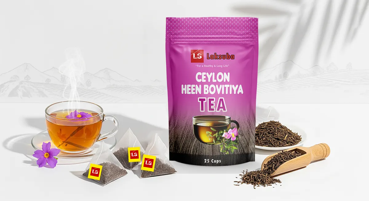 Premium organic Heen Bovitiya herbal tea products - biodegradable tea bags, kraft packaging with certified organic badge, brewed golden tea, and dried Osbeckia octandra leaves for liver health support - Sri Lankan Ayurvedic export quality